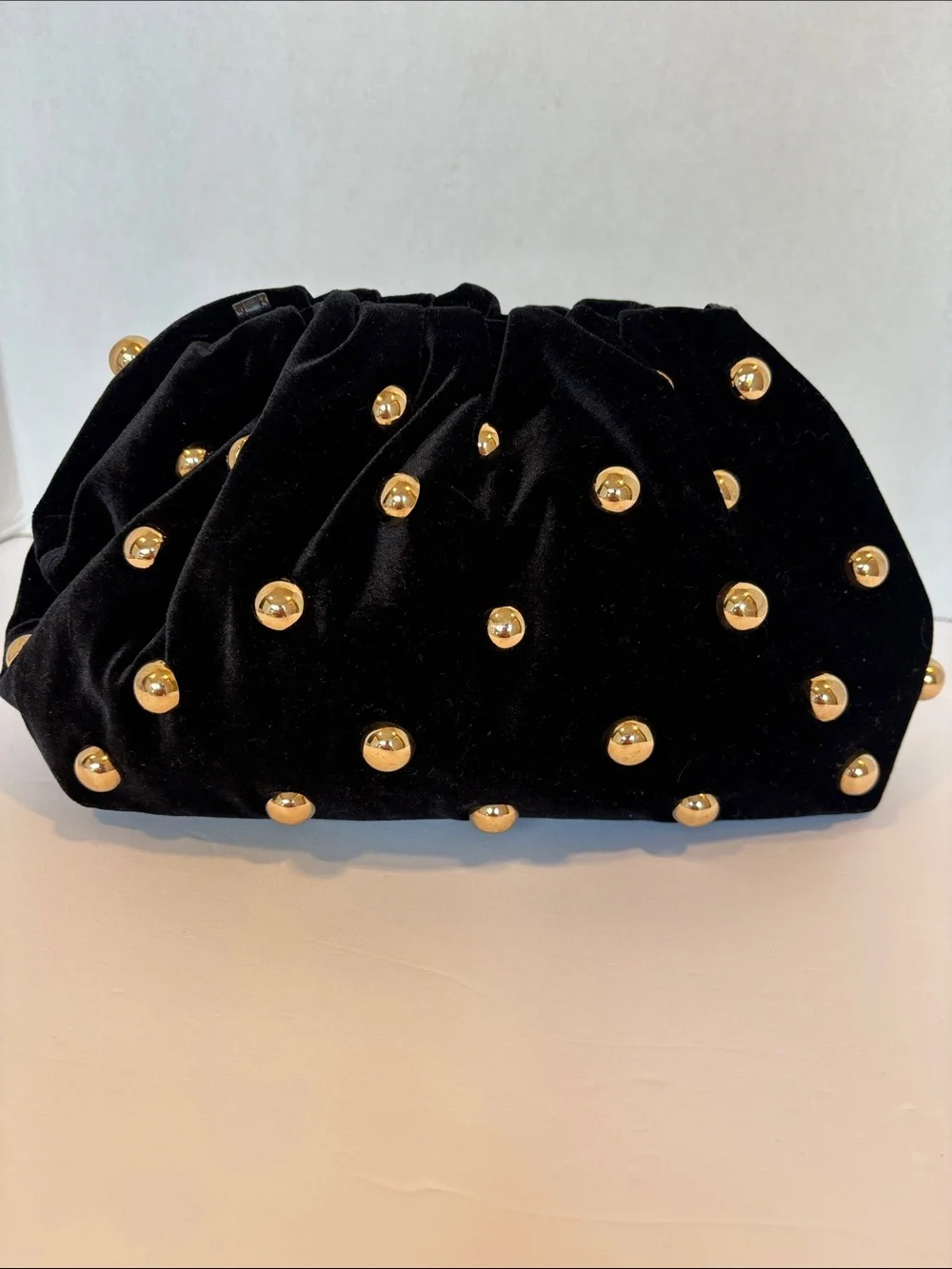 Maeve Black Velvet Studded Clutch with Gold Accents